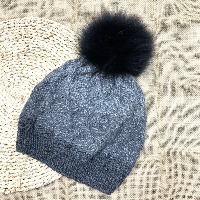 Mink fur ball twist hand-knitted woolen hat - Hats & Caps - Wool Multicolor