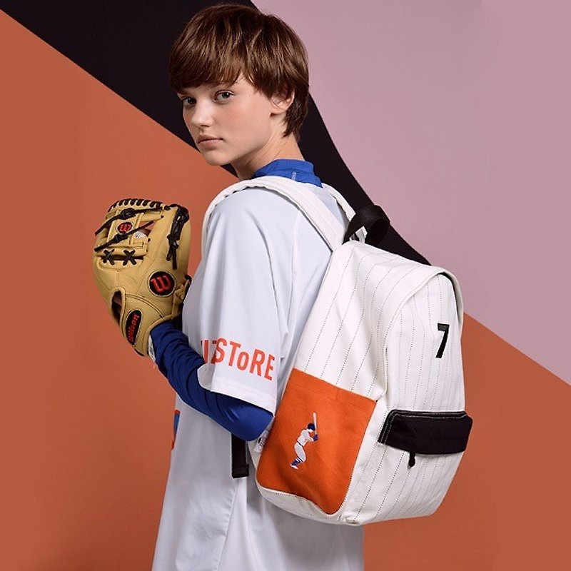 YIZISTORE棒球少年系列雙肩包後背包學生書包-白色 - 背囊/背包 - 棉．麻 白色