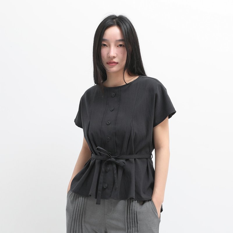 Geqian_擱淺波浪綁帶上衣_24SF001_黑 - 女上衣/長袖上衣 - 聚酯纖維 黑色