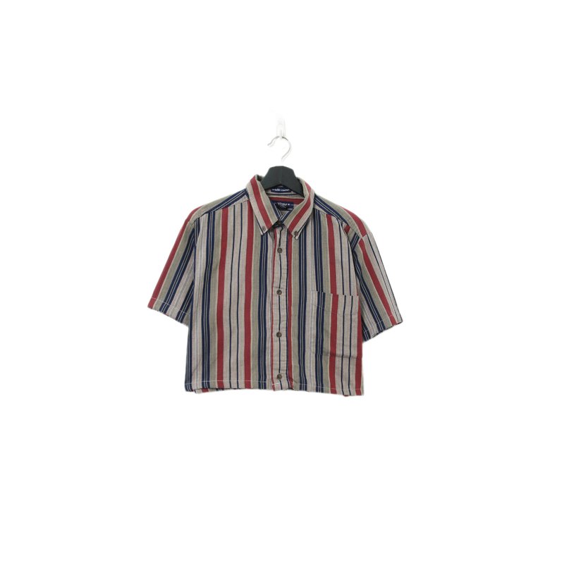Back to Green-再製短板條紋襯衫 灰綠藏紅 wt-10//vintage shirt - 女襯衫 - 棉．麻 
