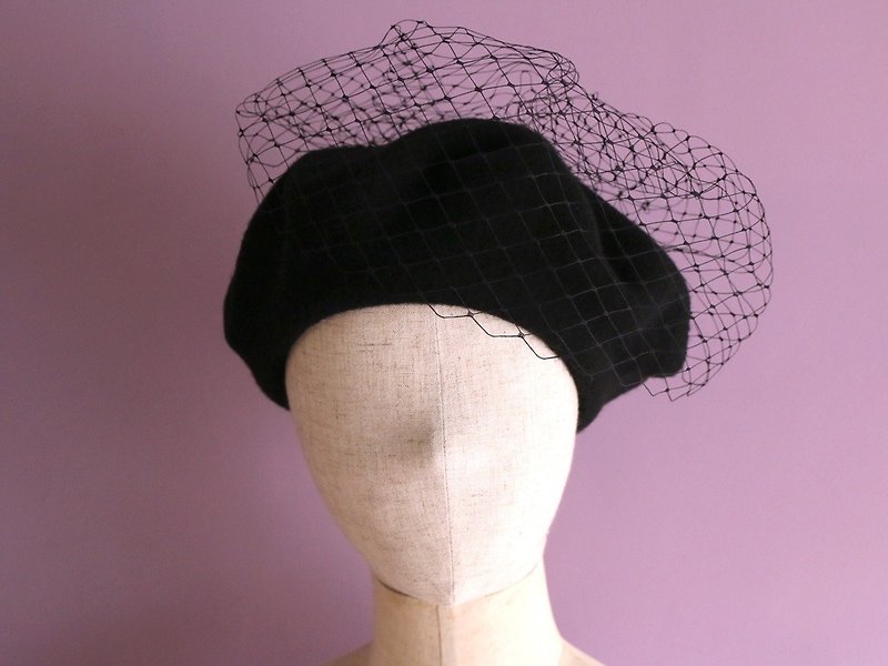 A Black Wool Beret with veil - Hats & Caps - Wool Black