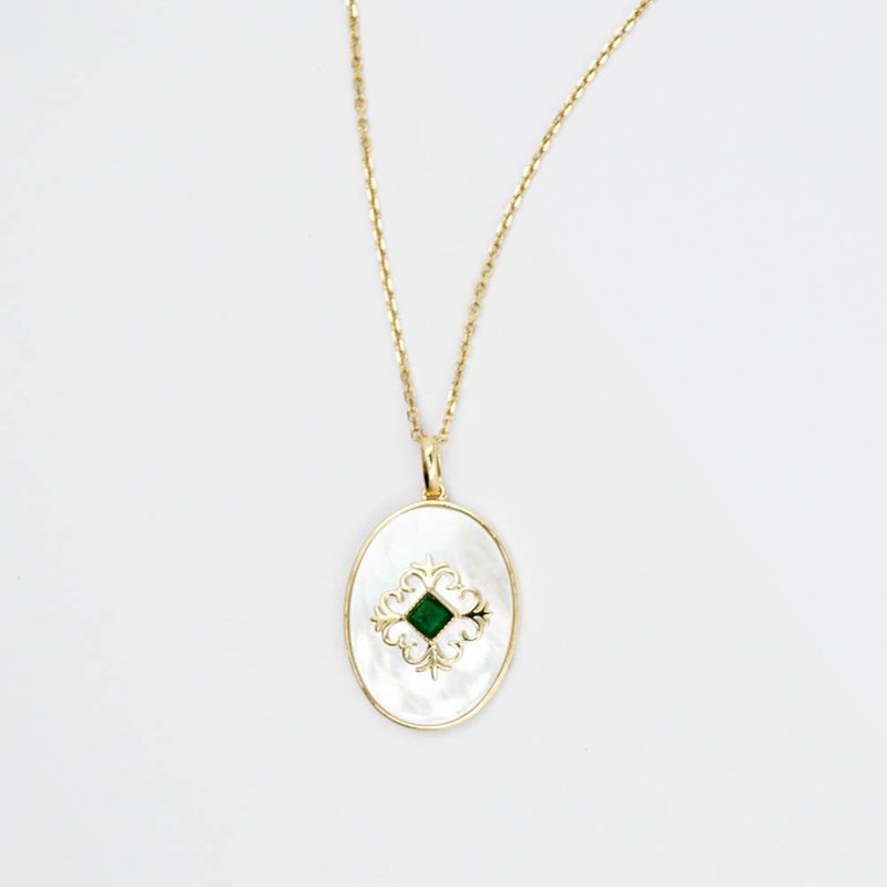 【透視幾何系列-抹茶奶油】原創18K黃金 祖母綠貝母項鏈吊墜 - 項鍊 - 寶石 金色