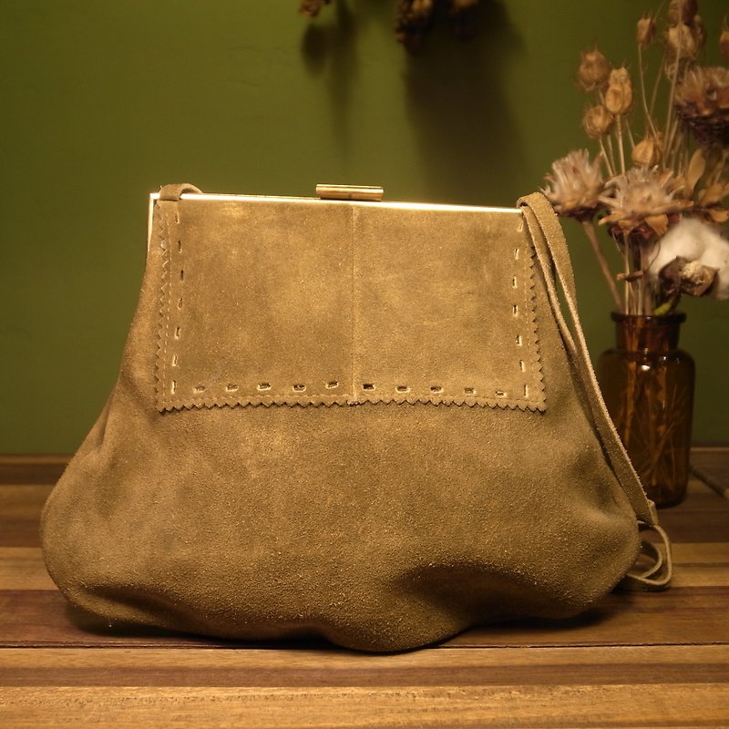Old bone dark green suede shoulder bag VINTAGE - Handbags & Totes - Genuine Leather Green