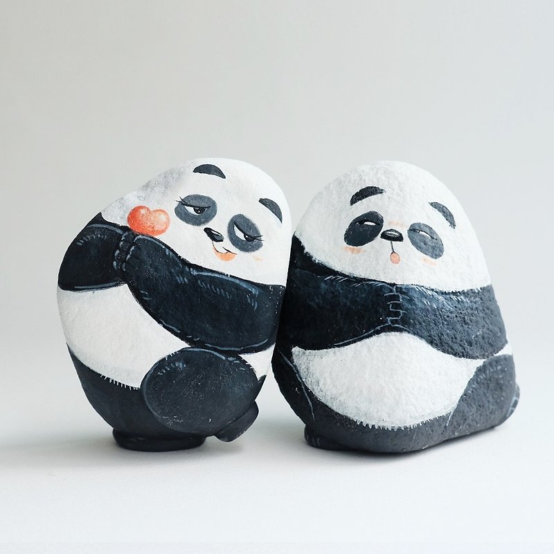 Cute panda  couple stone painting.handmade gift doll stone. - Items for Display - Stone White
