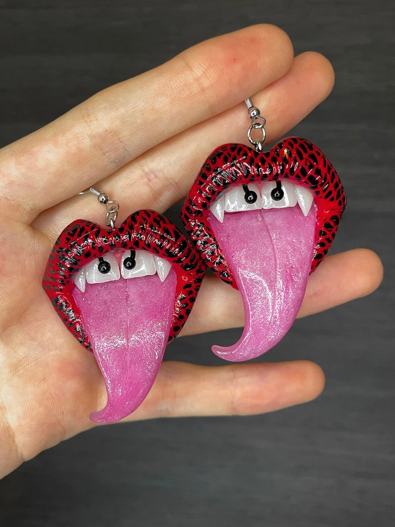 Earrings. Red lips with fangs. - Earrings & Clip-ons - Clay 