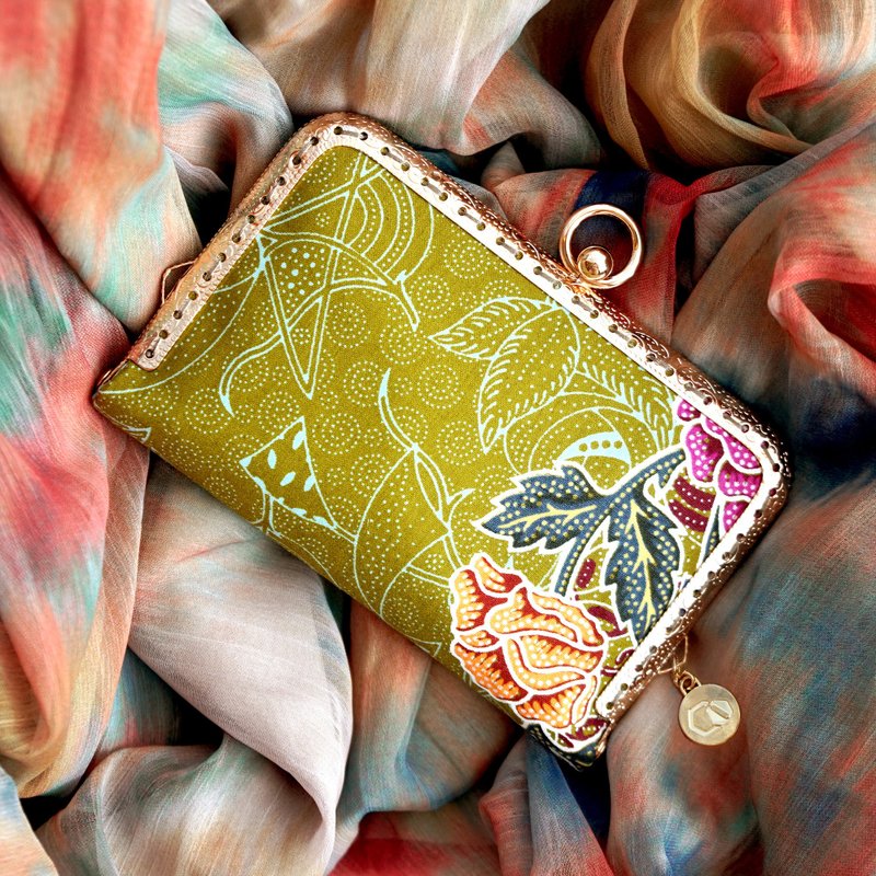 口金票卡夾 / 卡片收納 / 信用卡包 - 手工蠟染綠花 - 零錢包/小錢包 - 棉．麻 黑色