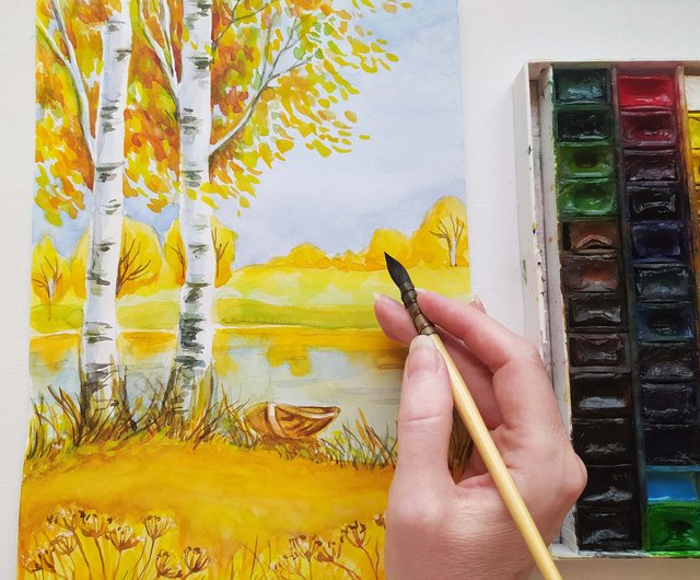 森の風景川アート秋の水彩画オリジナルアートバーチアート