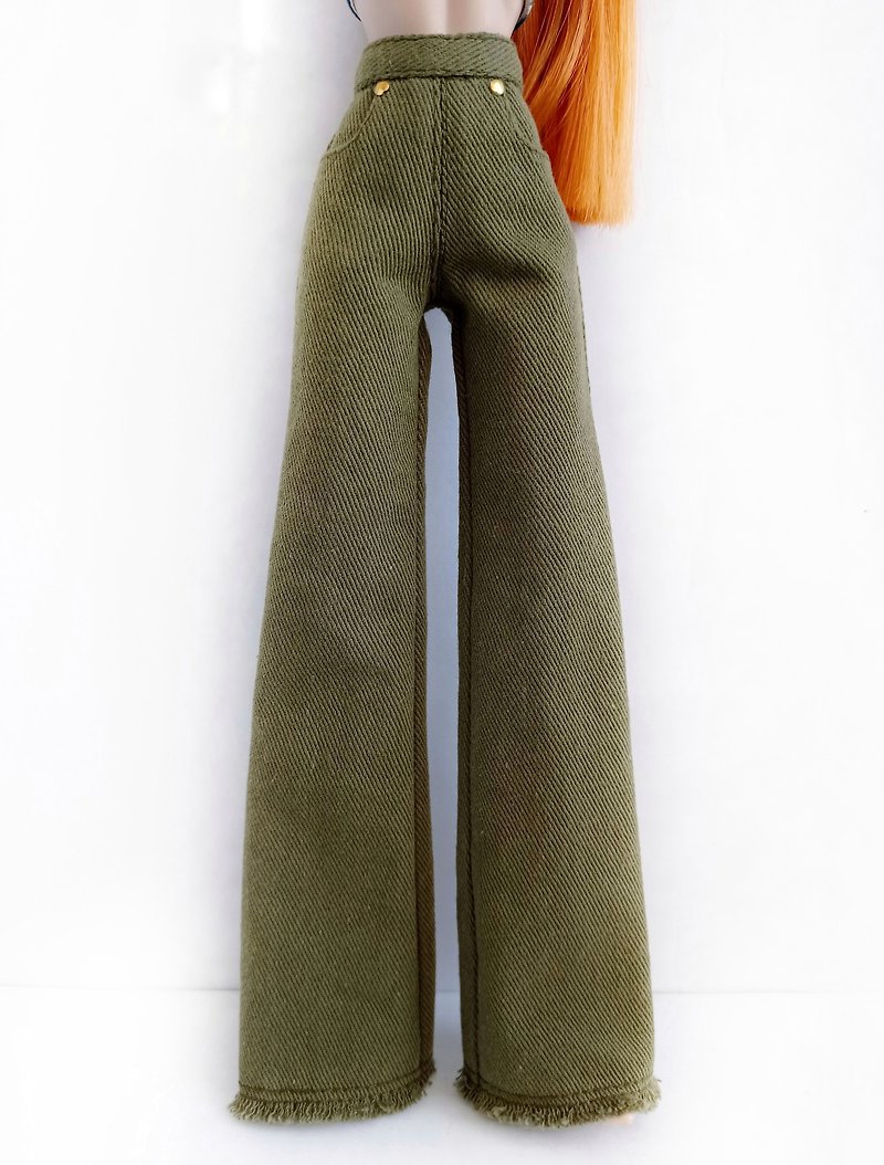 La-la-lamb Green flared denim trousers for Fashion Royalty FR2 12inch doll - ตุ๊กตา - ผ้าฝ้าย/ผ้าลินิน สีเขียว