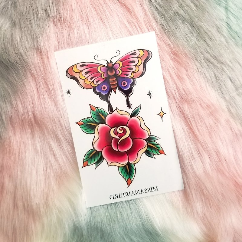 Vintage rose butterfly - temporary tattoo sticker - สติ๊กเกอร์แทททู - กระดาษ 