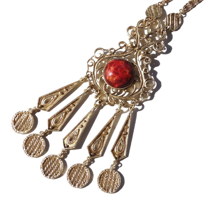 70s Vintage gold tone gothic design red cloisonne ware necklace - 項鍊 - 其他金屬 紅色