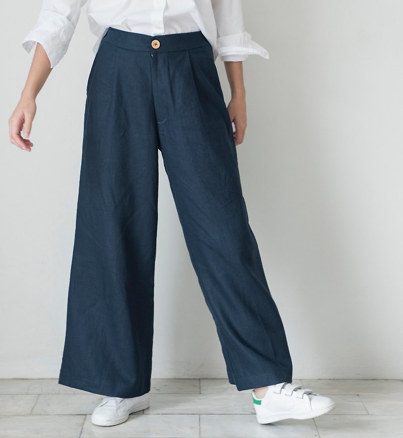 กางเกงขายาวผ้าลินิน (สีกรมท่า) - กางเกงขายาว - ลินิน สีน้ำเงิน