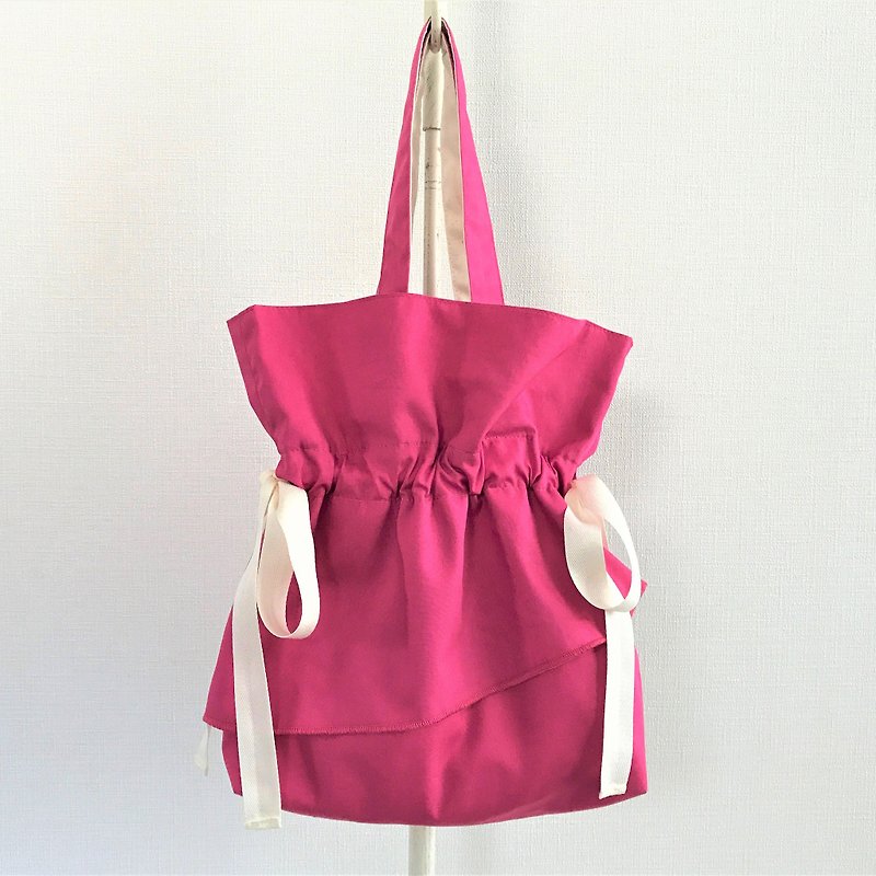 Ruffle Airy Flare Handle Purse Drawstring Petite Bag Cherry Pink - กระเป๋าถือ - ผ้าฝ้าย/ผ้าลินิน สึชมพู