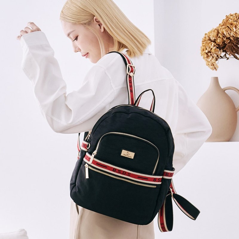 [Fashion Ribbon] Very Raspberry - Ribbon Splicing Multi-Pocket Backpack - Red Brick Black - Backpacks - Nylon Multicolor