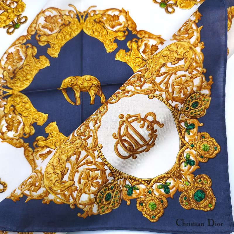 Vintage Christian Dior Handkerchief Baroque Gold Leopard & Elephant Crown - 手帕 - 棉．麻 藍色