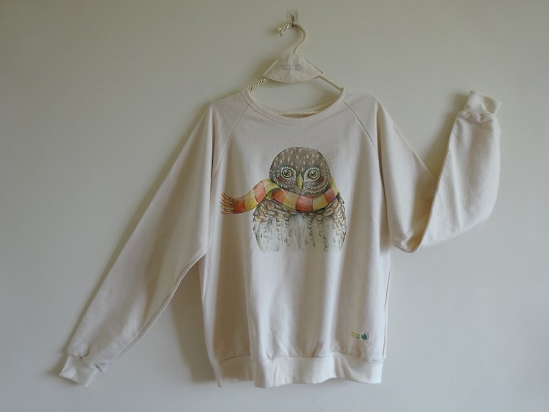 Taiwan's endemic owl owl ~ long sleeve wide version T unique hand-painted wind material comfortable and breathable - เสื้อฮู้ด - ผ้าฝ้าย/ผ้าลินิน ขาว