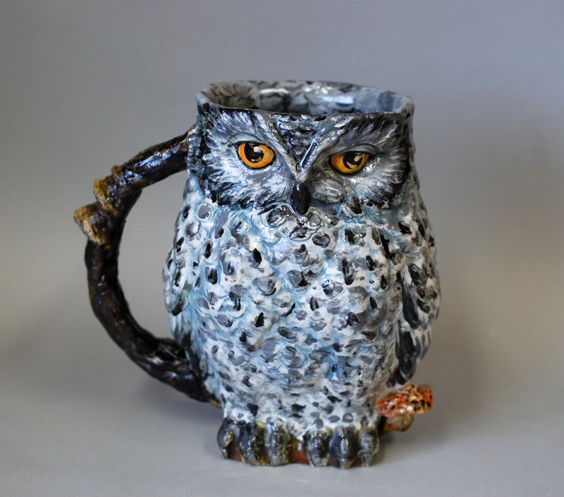 Owl Art mug Porcelain figurine Fairy bird Toby jug Ceramic statuette Forest Vase - 咖啡杯/馬克杯 - 陶 灰色