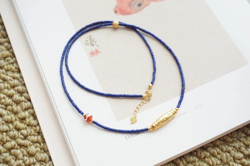 Starry sky natural raw mineral lapis lazuli 925 Silver nine-eye dzi bead design multi-circle bracelet necklace - Necklaces - Semi-Precious Stones Blue