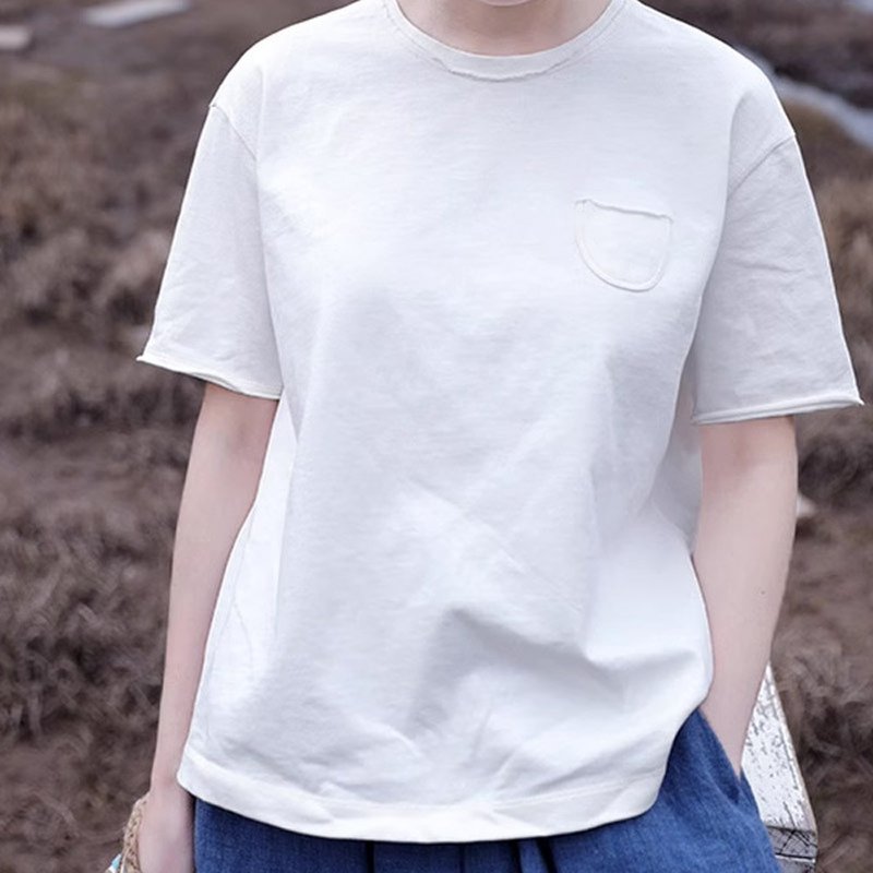 White dry cloth round neck loose pullover T-shirt - เสื้อยืดผู้หญิง - ผ้าฝ้าย/ผ้าลินิน 