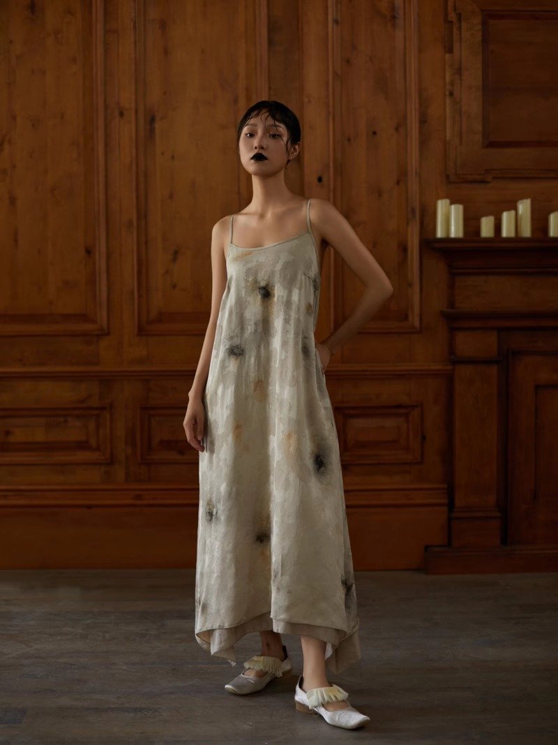 Wabi-sabi style irregular silk dress with dyeing - One Piece Dresses - Other Materials Multicolor