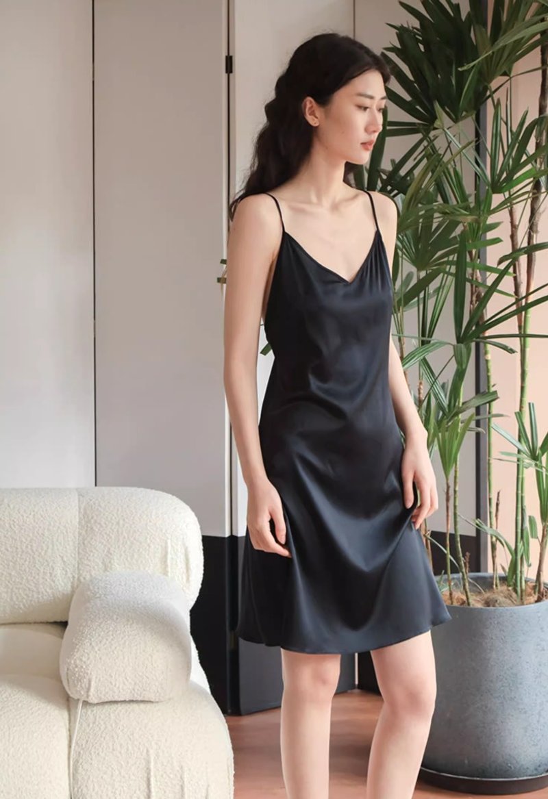 French Minimalist Backless Silk Pajama Dress - Loungewear & Sleepwear - Silk Black