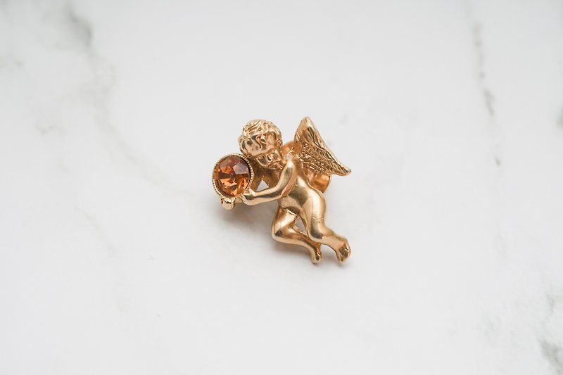 [Antique Jewelry / Western Old] VINTAGE American AVON Rhinestone Flying Little Angel Vintage Pin - เข็มกลัด - โลหะ สีทอง