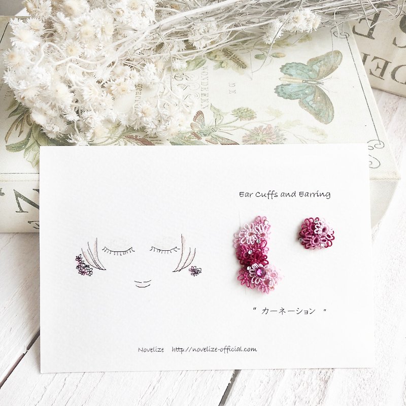 Carnation ear cuffs and earrings asymmetric set - Earrings & Clip-ons - Thread Red