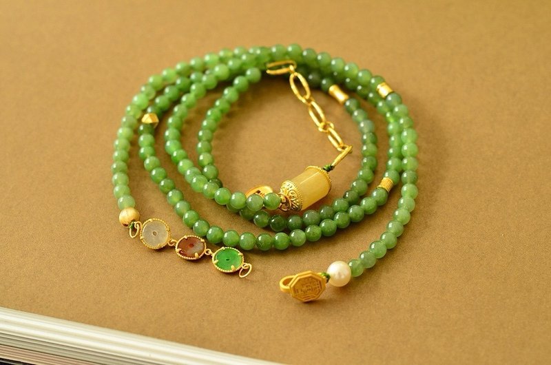 Natural Hotan jade/Hotian jade ore ice jasper. Jadeite peace buckle Wax design multi-circle bracelet necklace - Bracelets - Jade Green