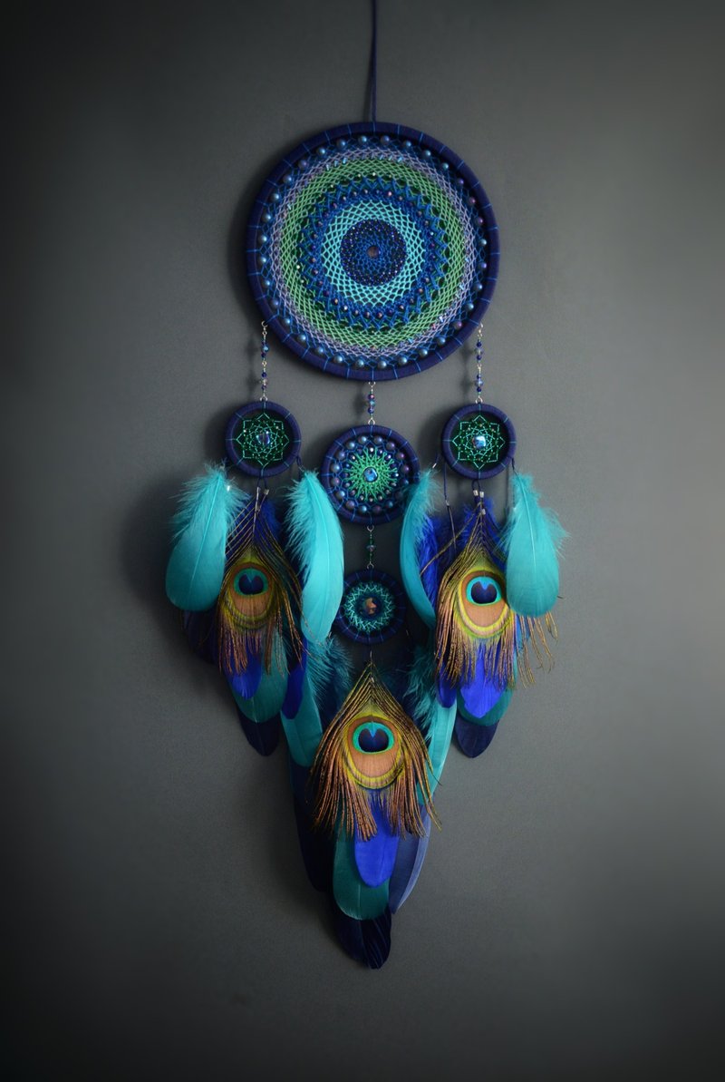 Handcrafted Dreamcatcher with Peacock Feathers | Boho Wall Hanging Decor in Blue - Wall Décor - Thread Blue