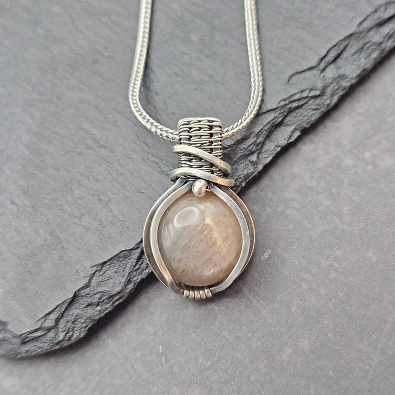 Sunstone Wire Wrapped Pendant , Silver , Oxidized - Necklaces - Sterling Silver Orange