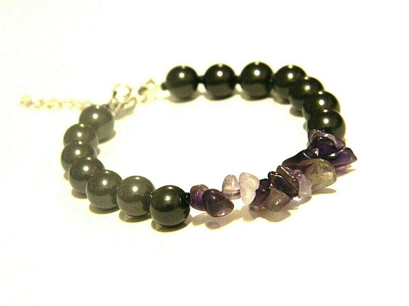 Shungite amethyst bracelet, beaded bracelet, healing jewelry, emf protection - 手鍊/手環 - 石頭 黑色