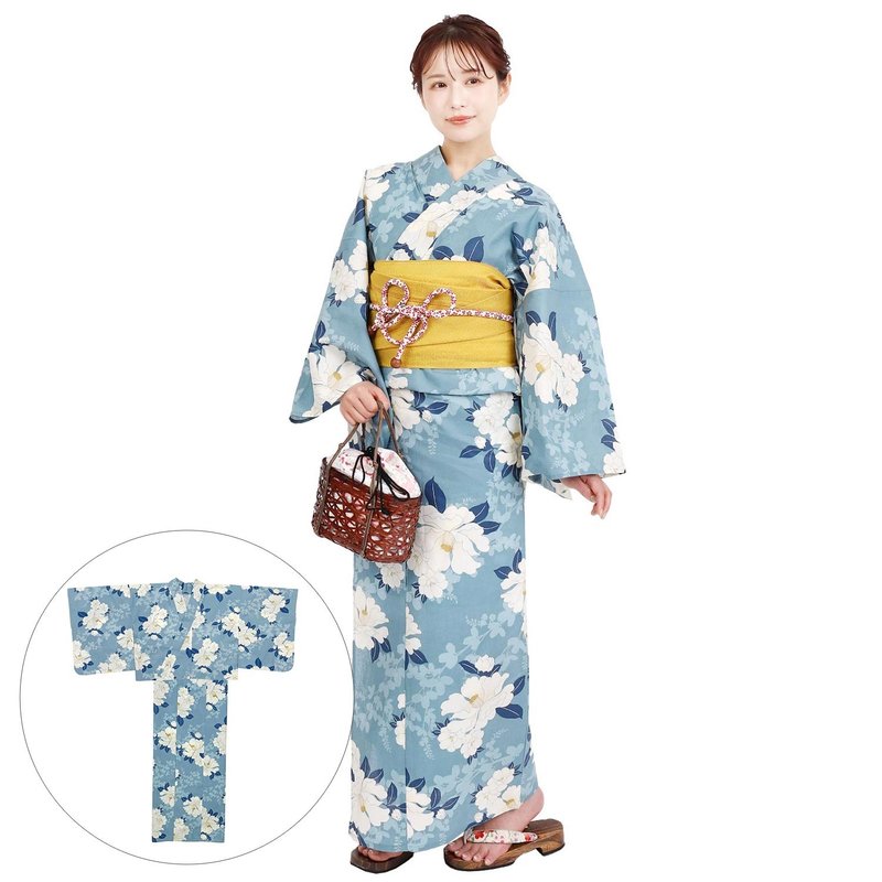 日本 和服 女性 兩件式 浴衣 腰封 套組 F size x23h-17 - 其他 - 棉．麻 藍色