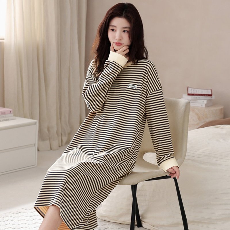 Pink Lady 棉柔連身睡裙 摩卡條紋 長袖女睡衣 秋冬居家服 - 睡衣/居家服 - 其他人造纖維 咖啡色