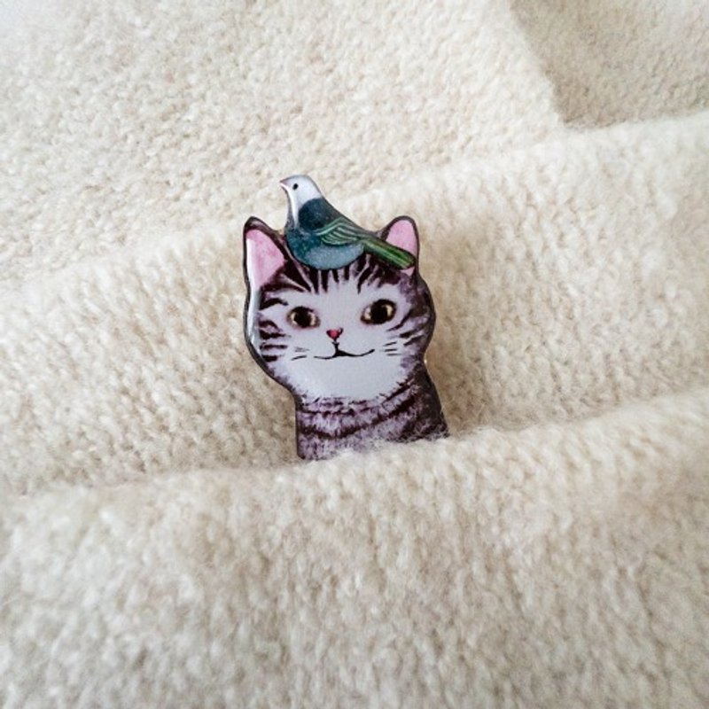 小鳥と仔猫のブローチ - 胸針 - 塑膠 