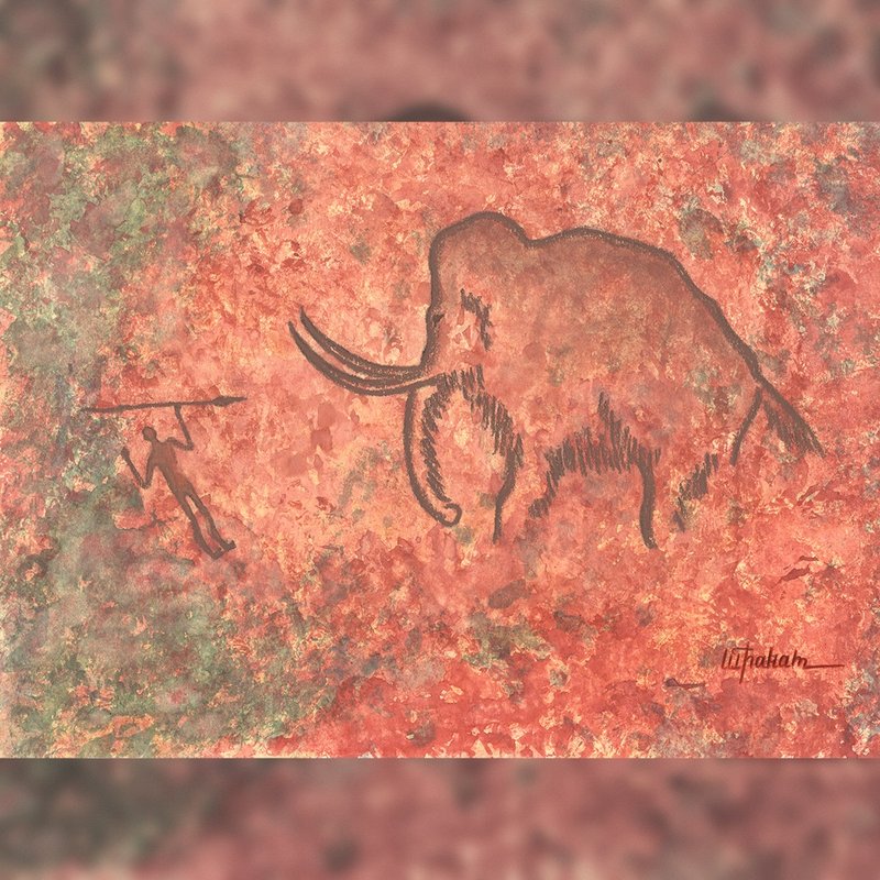 Mammoth hunting painting interior Prehistoric art Watercolor end pastel drawing - โปสเตอร์ - กระดาษ สีแดง