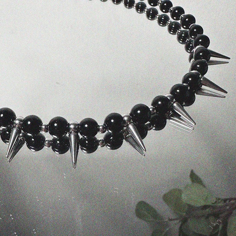 Unisex Punk Studs & Black Beads Necklace - Chokers - Other Materials Black