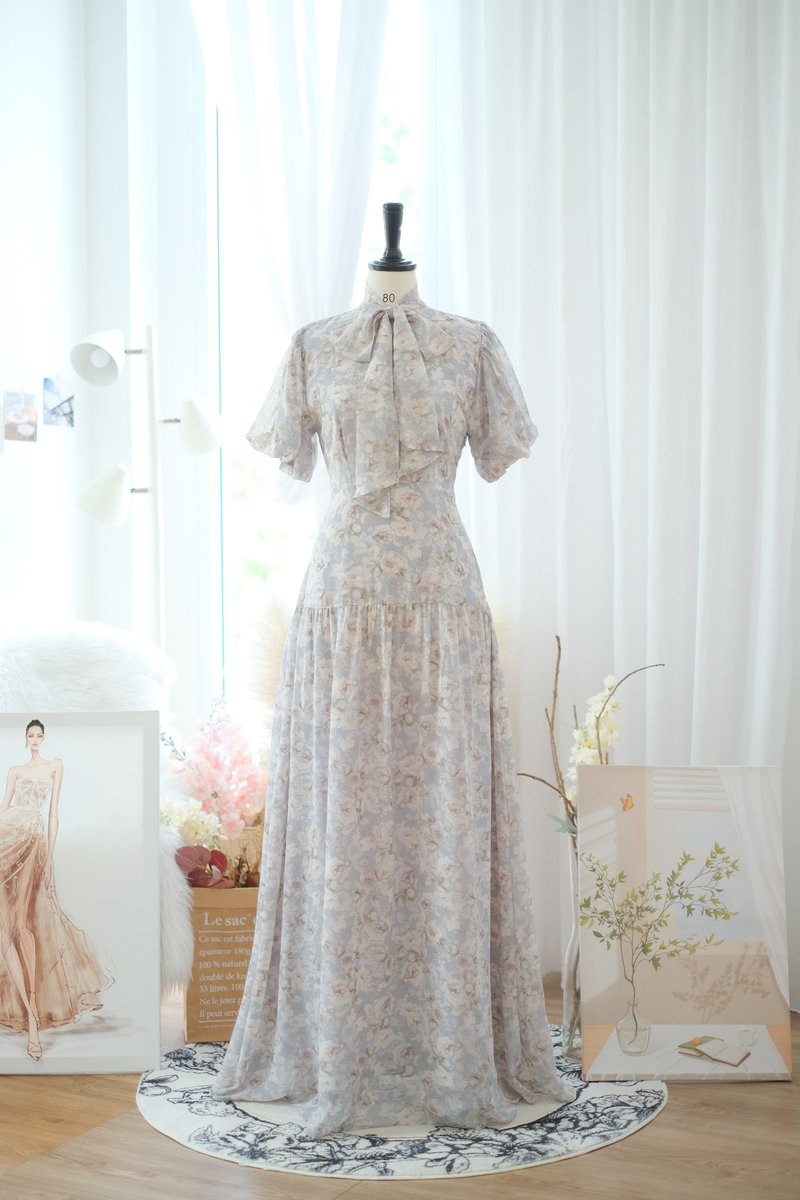 Dusty Blue floral bridesmaid dress Wedding guest dress Dolly sleeve dress - 洋裝/連身裙 - 聚酯纖維 藍色