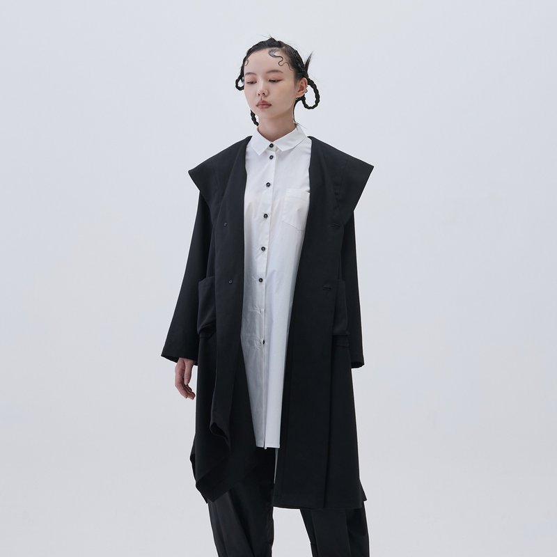 混毛料連帽長外套 - 女大衣/外套 - 羊毛 黑色