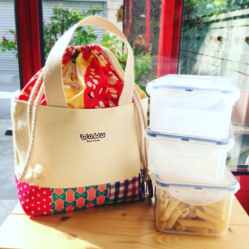 Insulated Drawstring Lunch Bag / Lunch Bag with Bottle Holder - กระเป๋าถือ - ผ้าฝ้าย/ผ้าลินิน 
