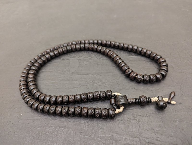 Wood Necklaces Black - Carved Six Syllables Om Mani Padme Hum 108 Beads Brown Wood Buddhist Mala Prayer