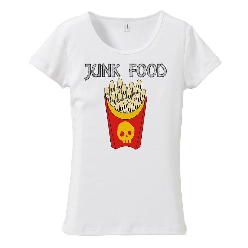 [Women's T-shirt] skull French fries / Collar - Women's T-Shirts - Cotton & Hemp White