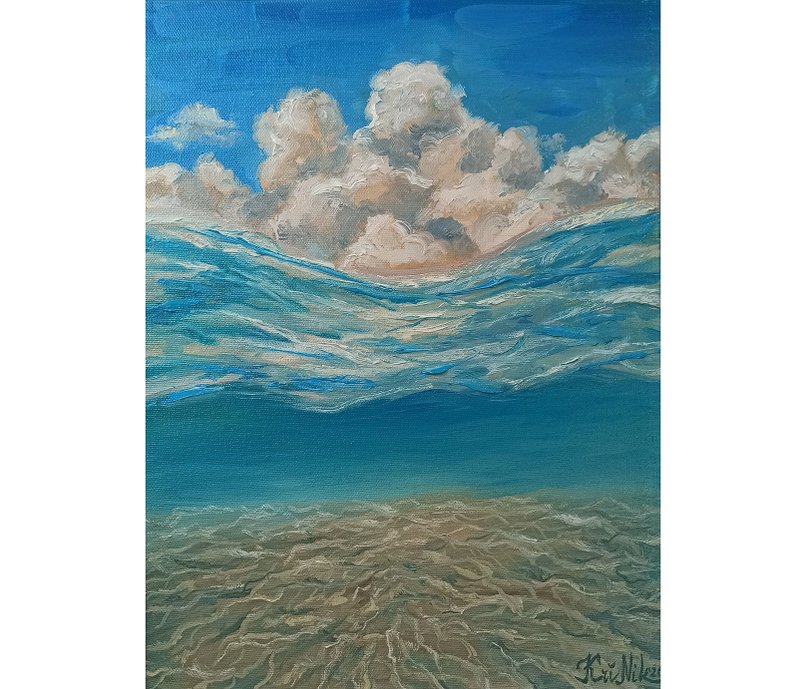 Seascape Painting Underwater Canvas Oil Painting Cloud Original Art Wave Artwork - 海報/掛畫/掛布 - 其他材質 藍色