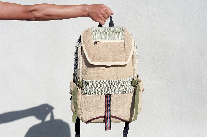 Cotton stitching design backpack backpack shoulder bag national mountaineering bag - grass green natural color backpack - Backpacks - Cotton & Hemp Green