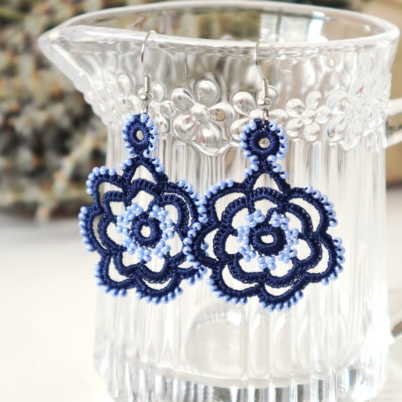 OYA crochet Earrings -ROSE- Indigo - ต่างหู - งานปัก สีน้ำเงิน
