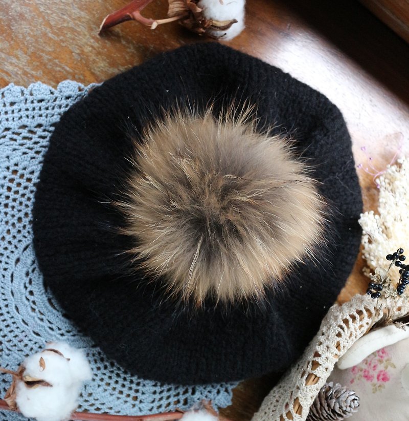 Handmade hand made - big hair ball beret - wool woven hat - Hats & Caps - Wool Black