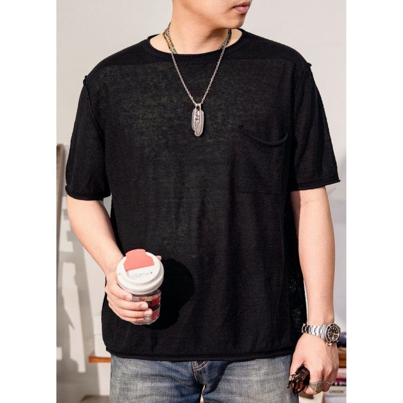 亞麻圓領短袖T-SHIRT 輕薄舒適 棉麻 口袋針織短T 上衣 不分性別 - 男 T 恤 - 棉．麻 黑色