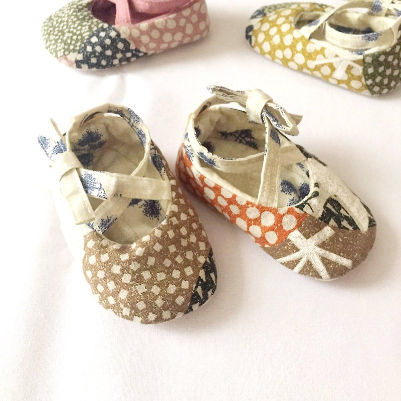 120 Japanese style orange cotton and linen X Japanese blue dyed handmade strap baby shoes baby shoes toddler shoes - รองเท้าเด็ก - ผ้าฝ้าย/ผ้าลินิน สีส้ม