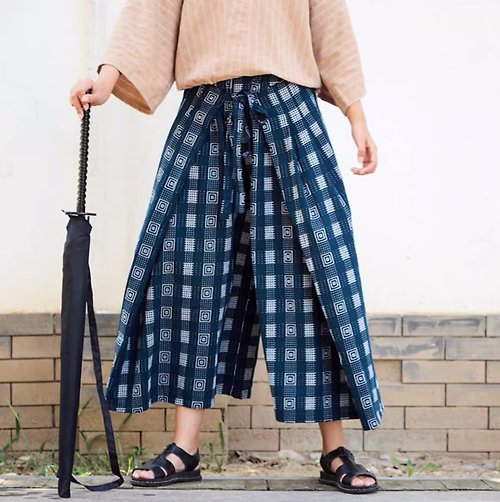 丘山 日式和風 山本耀司明線裝飾回形紋武士褲 寬鬆高腰寬褲