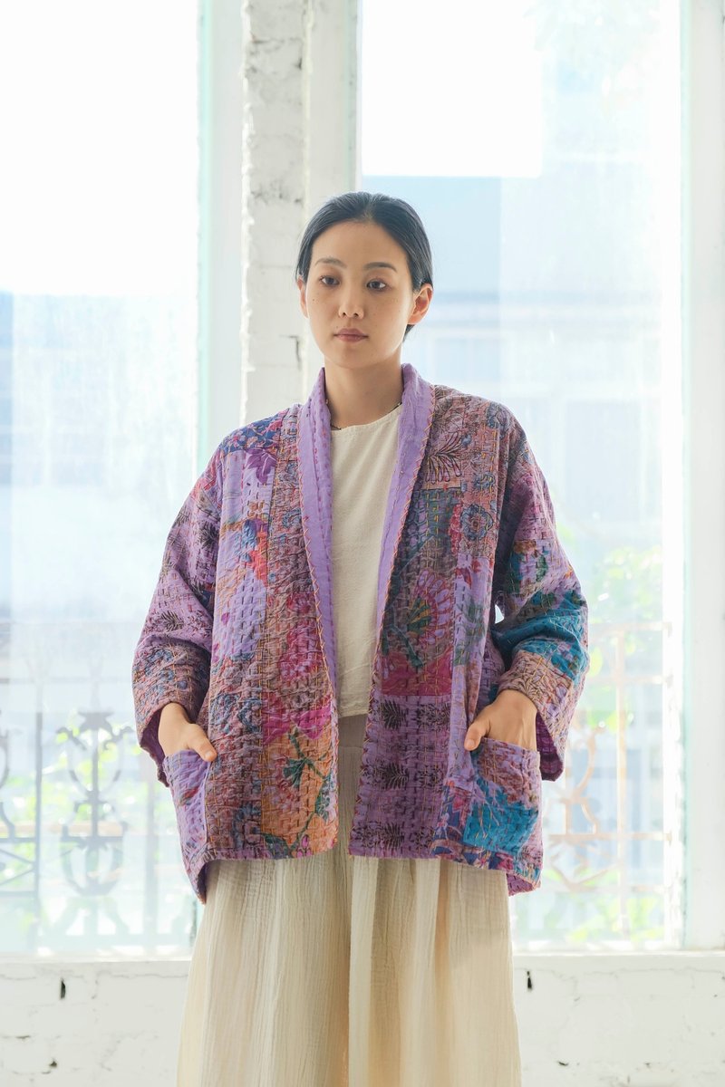 坎塔刺繡兩面穿中性和式外套 淡紫 - 女大衣/外套 - 棉．麻 紫色