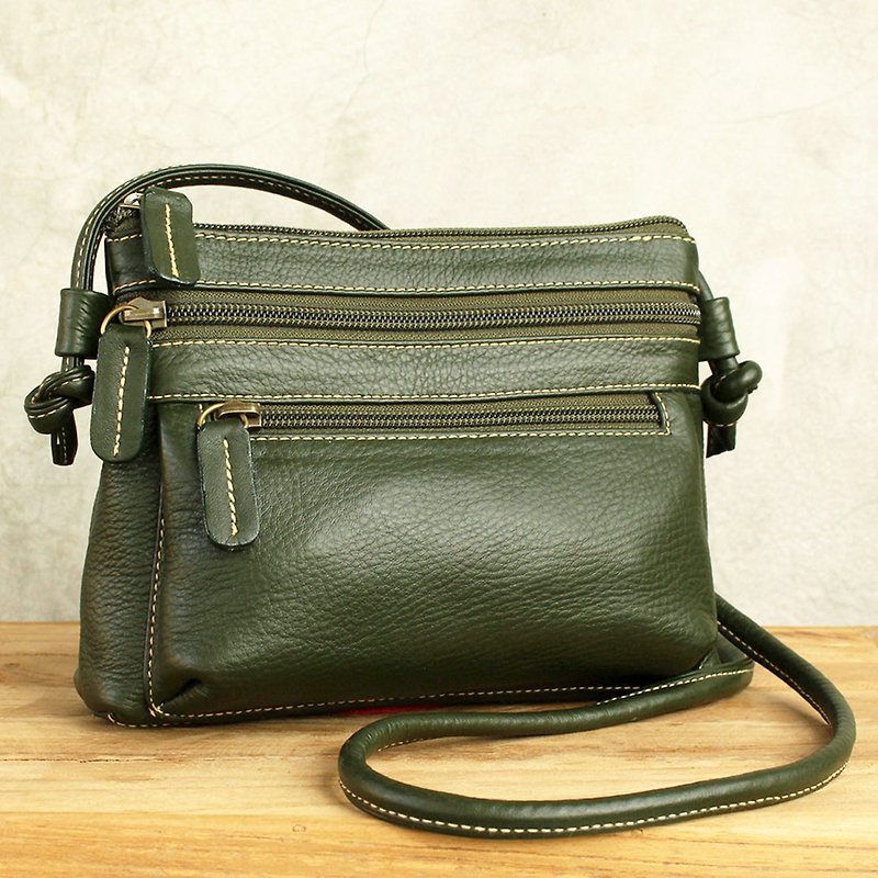 Mini Crossbody Bag - Cookies - สีเขียว Genuine Cow Leather/ 皮 包 /Leather Bag - กระเป๋าแมสเซนเจอร์ - หนังแท้ สีเขียว