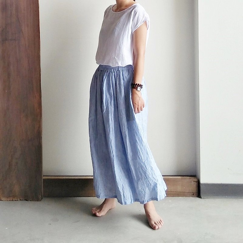 Feliz & Recap [fine loose elastic band skirt] flax blue and white stripes - Skirts - Cotton & Hemp 